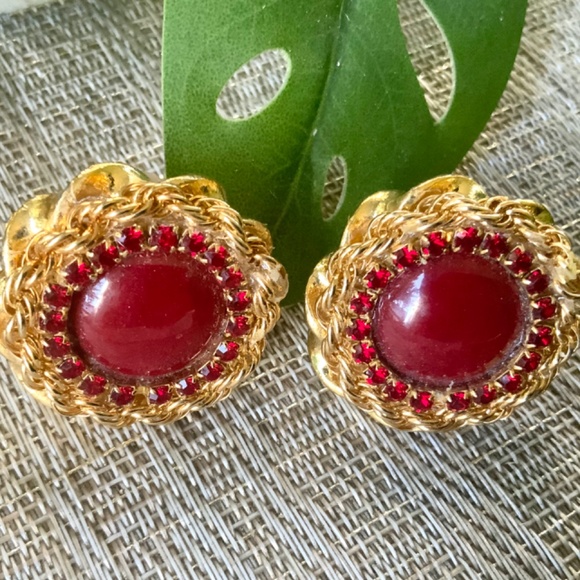 EXQUISITE VINTAGE EARRINGS/CLIP RED JADE/CRYSTAL GOLD CHAIN DISC ⭐️HANDMADE NEW - Picture 8 of 14